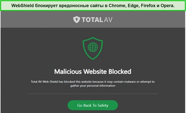 Снимок экрана TotalAV WebShield, блокирующего доступ к вредоносному сайту