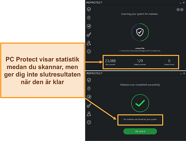 Skärmdump av PC Protect utför en Malware Scan som visar statistik endast vid skanning. När de är klara försvinner resultaten.