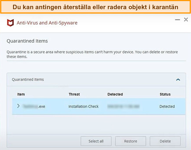 Skärmdump av McAfee Quarantine-funktionen