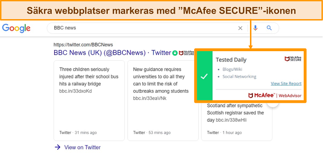 Skärmdump av Googles webbsökning med McAfee WebAdvisor som visar en webbplats är äkta och säker