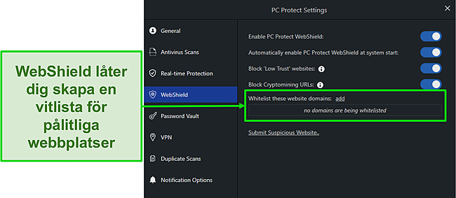 Skärmdump av PC Protects inställningar för WebShield för att skydda dig online.