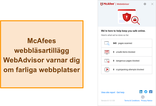 Skärmdump av WebAdvisor-funktionen på McAfees webbplats