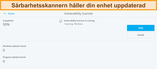 Skärmdump av McAfee Vulnerability Scanner som utför en systemsökning