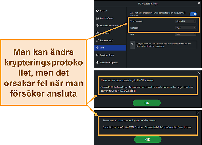 Skärmdump av PC Protect's Safe Browsing VPN -fel och krypteringsprotokoll.