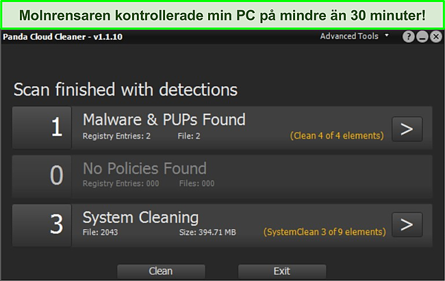 Skärmdump av Pandas Cloud Cleaner -funktion med en avslutad genomsökning.