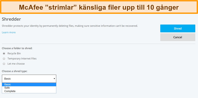Skärmdump av McAfee Shredder-funktionen