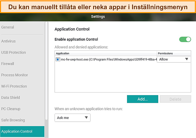 Skärmdump av konfigurationsmenyn för Panda Application Control.