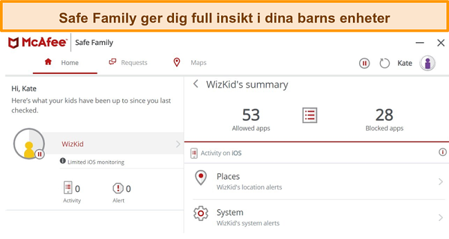 Skärmdump av McAfee Safe Family-funktionen för föräldrakontroll länkad till en iPhone