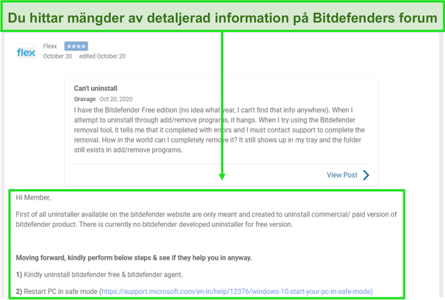 Skärmdump av en tråd från Bitdefenders communityforum.