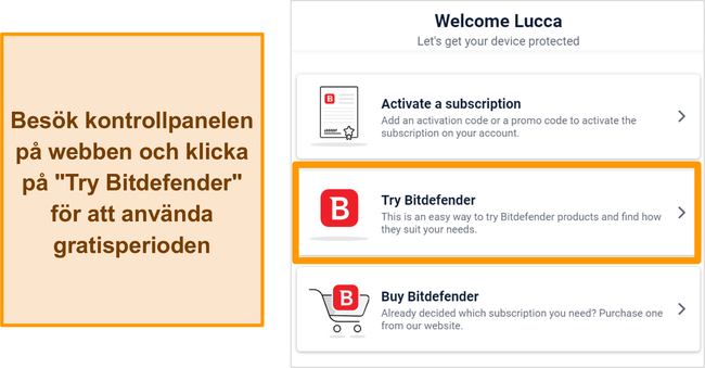 Skärmdump av hur man startar en testversion för Bitdefender inifrån Bitdefender Central-webbinstrumentpanelen.