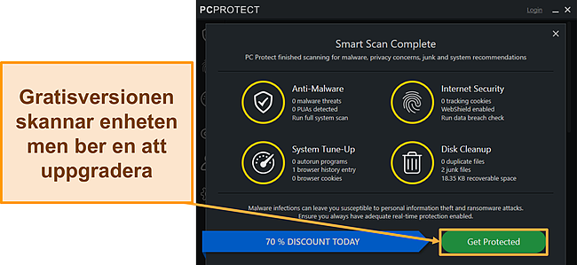 Skärmdump av PC Protect gratisversionen som kör en skanning innan du berättar för dig att uppgradera.