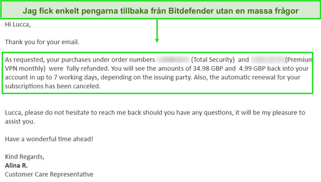 Skärmdump av ett lyckat e-postmeddelande om återbetalning från en Bitdefender supportagent.