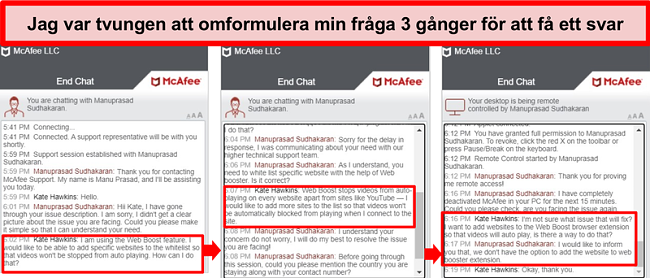 Skärmdump av McAfee-chatt som försöker lösa en teknisk fråga