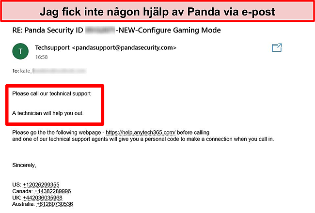 Skärmdump av e -postmeddelande från Pandas tekniska support.