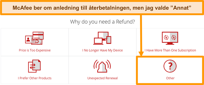 Skärmdump av McAfees kundsupport som ber om en anledning till en begäran om återbetalning