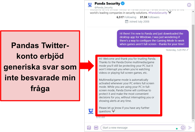 Skärmdump av Pandas Twitter -svar på en specifik konfigurationsfråga.