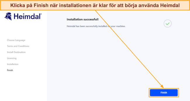 Skärmdump som visar slutförandet av Heimdals installation