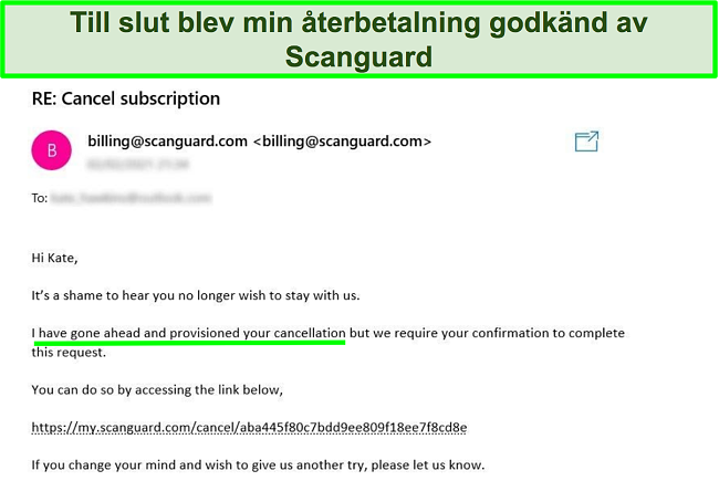 Skärmdump av en användare som begär återbetalning med pengarna-tillbaka-garantin från Scanguards kundsupportteam