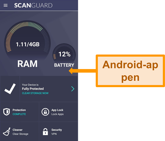 Skärmdump av Scanguards Android -appgränssnitt.