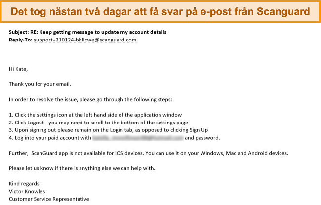 Skärmdump av svaret från kundsupport från Scanguard.