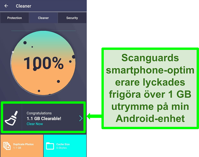 Skärmdump av Scanguards Cleaner -funktion på Android rensar över 1 GB dubblettfoton.