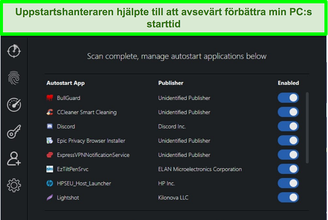 Skärmdump av Scanguards Startup Manager med autostart -program listade.