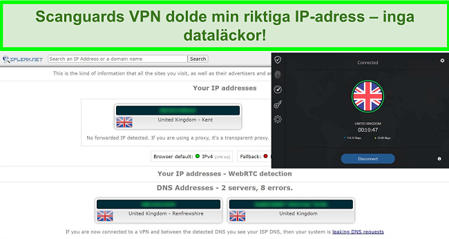 Skärmdump av Scanguards VPN och ett IP -läckagetest som inte visar några dataläckage.