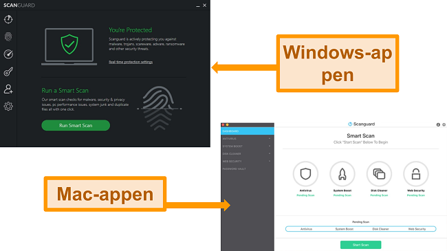 Skärmdumpar av Scanguards Windows- och Mac -gränssnitt.