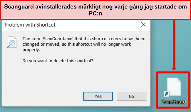 Skärmdump av Scanguards trasiga genväg på Windows PC.
