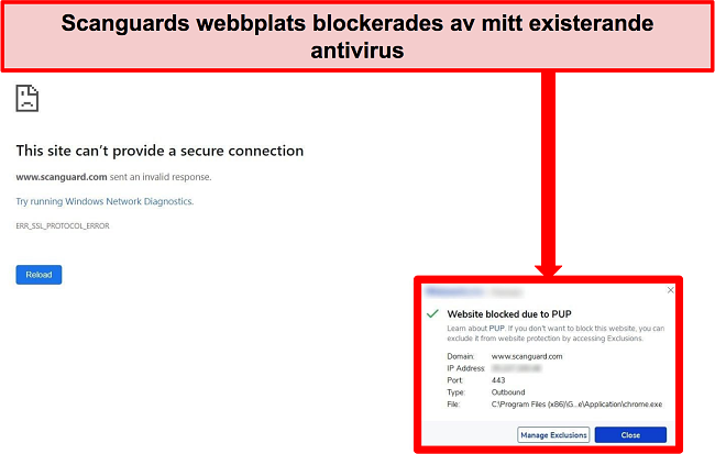 Skärmdump av antivirus som blockerar Scanguards webbplats på grund av PUP.