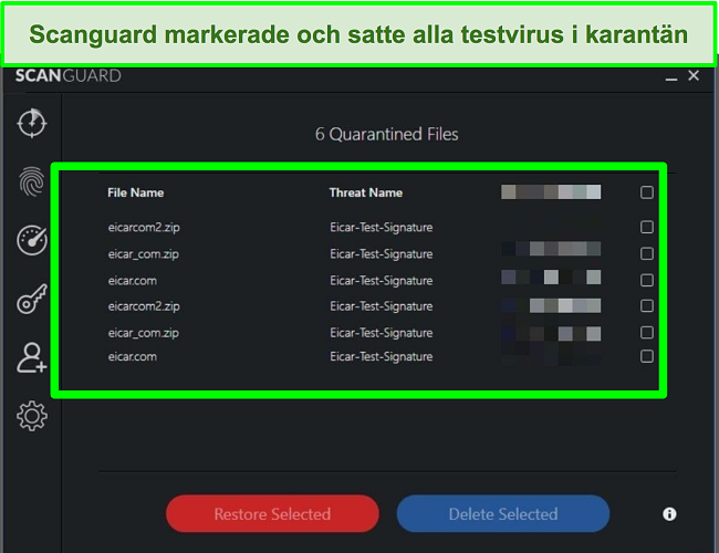 Skärmdump av Scanguards karantän med flera testfiler för skadlig kod.