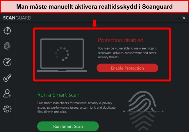 Skärmdump av Scanguards antivirusapp med realtidsskydd inaktiverat.
