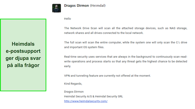 Skärmdump som visar ett svar från Heimdals kundsupport