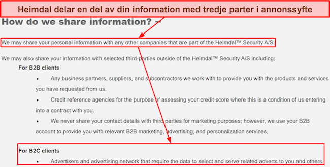 Skärmdump av Heimdals integritetspolicy som nämner att den behåller vissa användardata