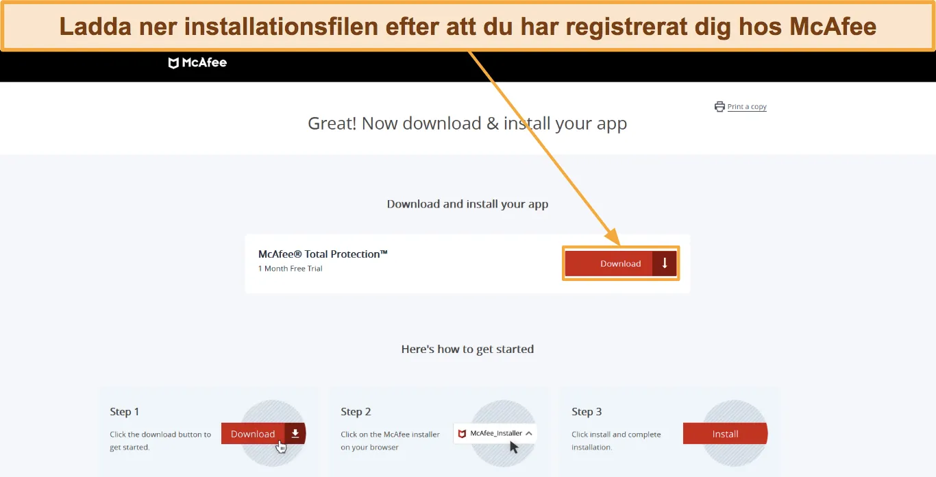 Skärmdump som visar hur man laddar ner McAfees inställningar.