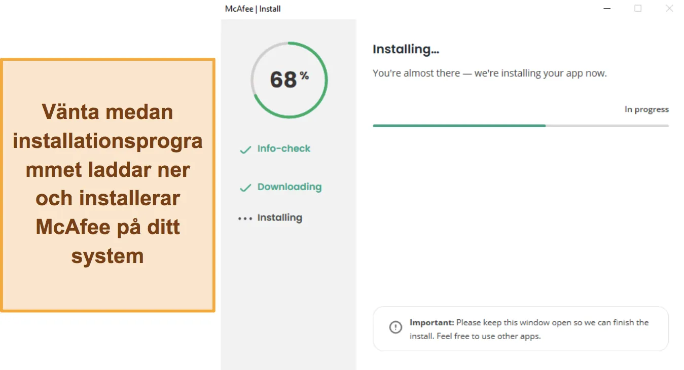 Skärmdump som visar McAfees installation pågår.