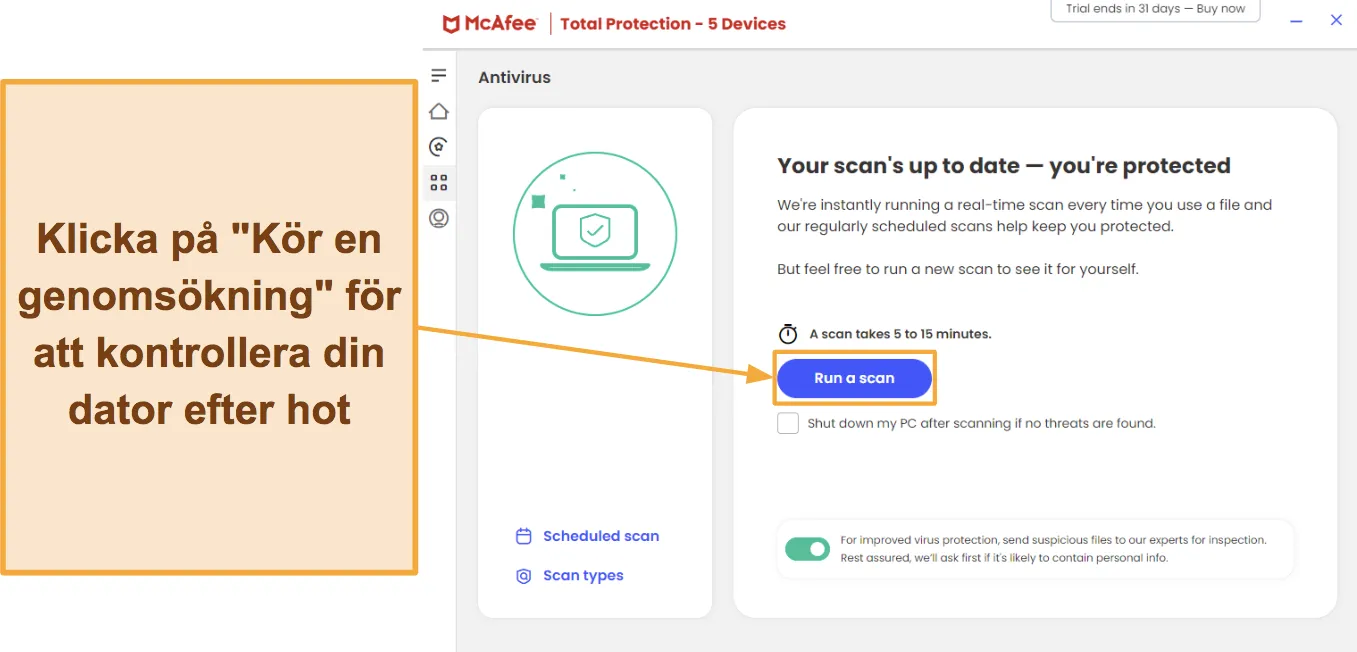 Skärmdump som visar hur man startar en skanning med McAfee.