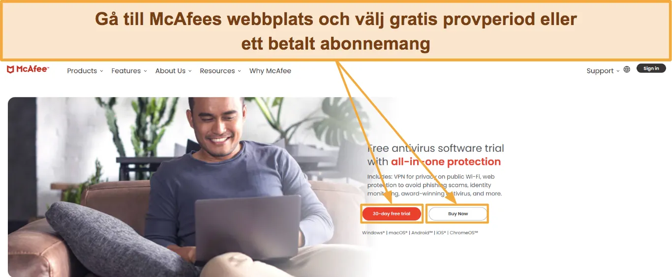 Skärmdump som visar hur du väljer en McAfee-prenumeration.