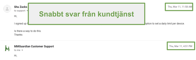 Skärmdump av snabbt svar från kundsupport