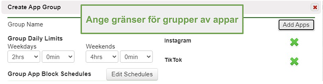 Skärmdump för att ställa in gränser för grupper av appar