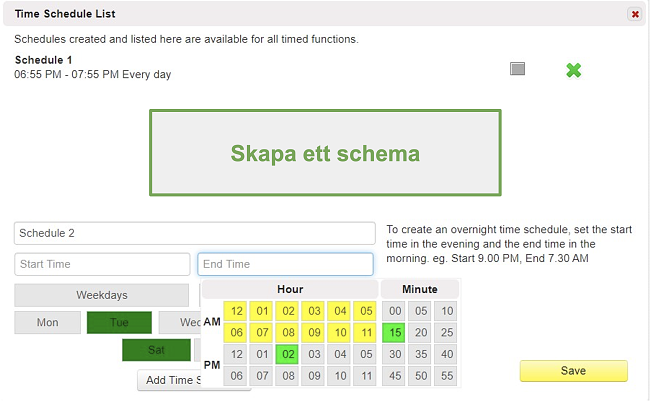 Skärmdump av tidsplanlistan