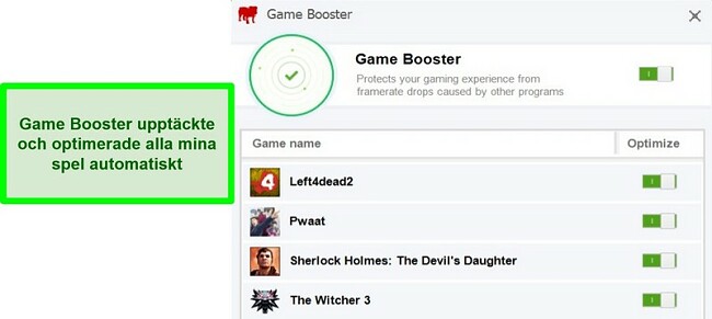 Skärmdump av BullGuards Game Booster-funktion med lista över automatiskt optimerade spel
