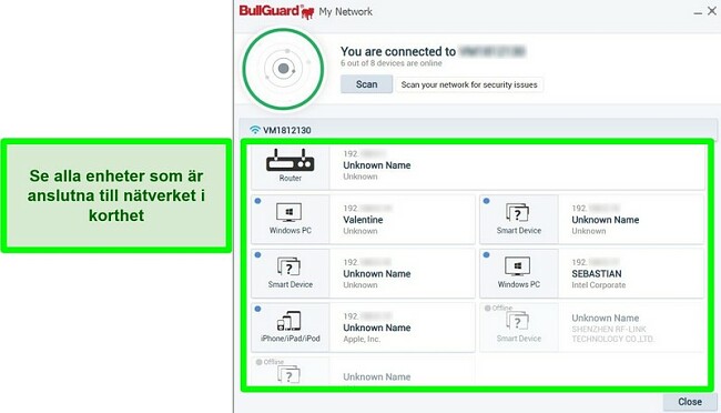 Skärmdump av BullGuards nätverksskanner och enheter som är aktivt anslutna till ett nätverk.