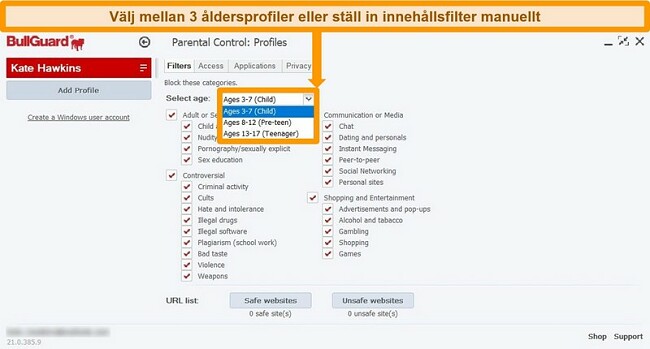 Skärmdump av BullGuards föräldrakontrollinställningar och profilfilter.