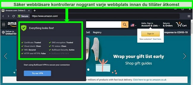 Skärmdump av BullGuards Secure Browser som visar alla säkerhetskontroller.