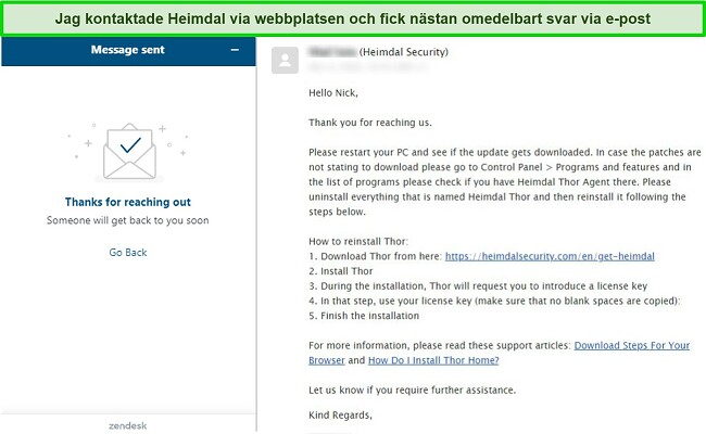 Skärmdump av e-postsvar från Heimdal Security