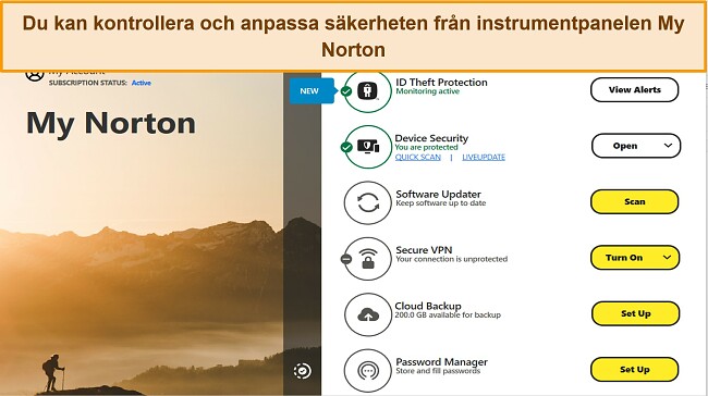 Skärmdump av My Norton-instrumentpanelens gränssnitt på Windows.