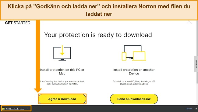 Skärmdump av webbsidan Agree & Download Norton, som markerar installationsfilen.