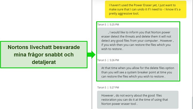 Skärmdump av Nortons livechattagent som svarar på en fråga om verktyget Power Eraser.