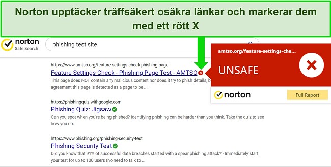 Skärmdump av Nortons webbläsartillägg Safe Search som exakt upptäcker säkra och osäkra webbadresser